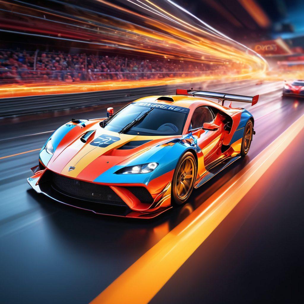 A dynamic racetrack scene featuring a high-speed car with a vibrant V12 engine at the forefront, surrounded by colorful blog elements like graphs, comments, and social media icons racing alongside. The background showcases blurred outlines of cheering audiences to symbolize engagement. Stylistic flames and motion lines emanate from the car, illustrating the turbocharged speed of blogging growth. super-realistic. vibrant colors. 3D.