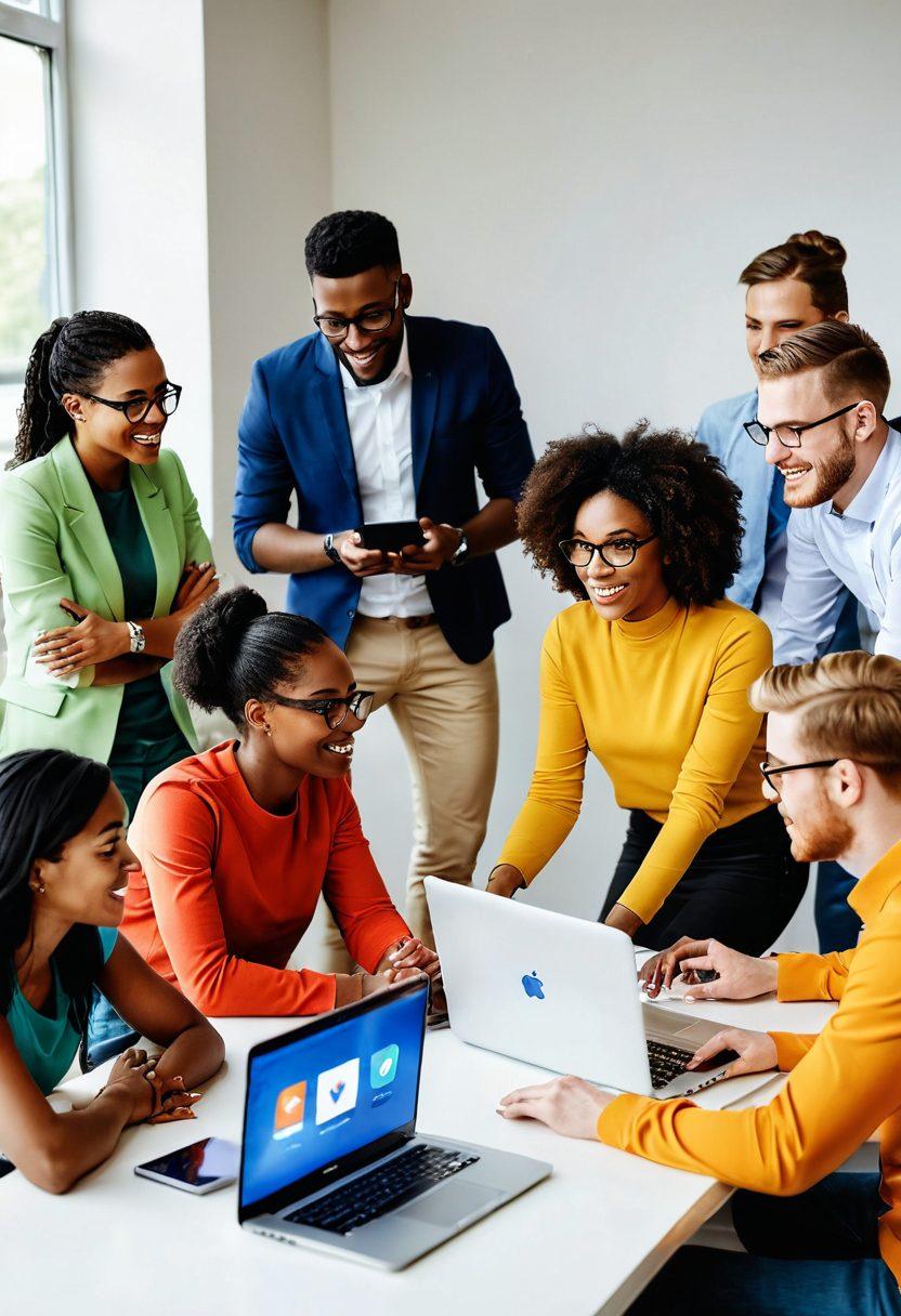 A diverse group of enthusiastic individuals gathered around laptops, sharing ideas and collaborating in a bright, modern workspace. They're engaged in online discussions, showcasing digital tools and flying icons representing skills like coding, design, and marketing. Warm, inviting colors with a focus on teamwork and innovation. super-realistic. vibrant colors. white background.