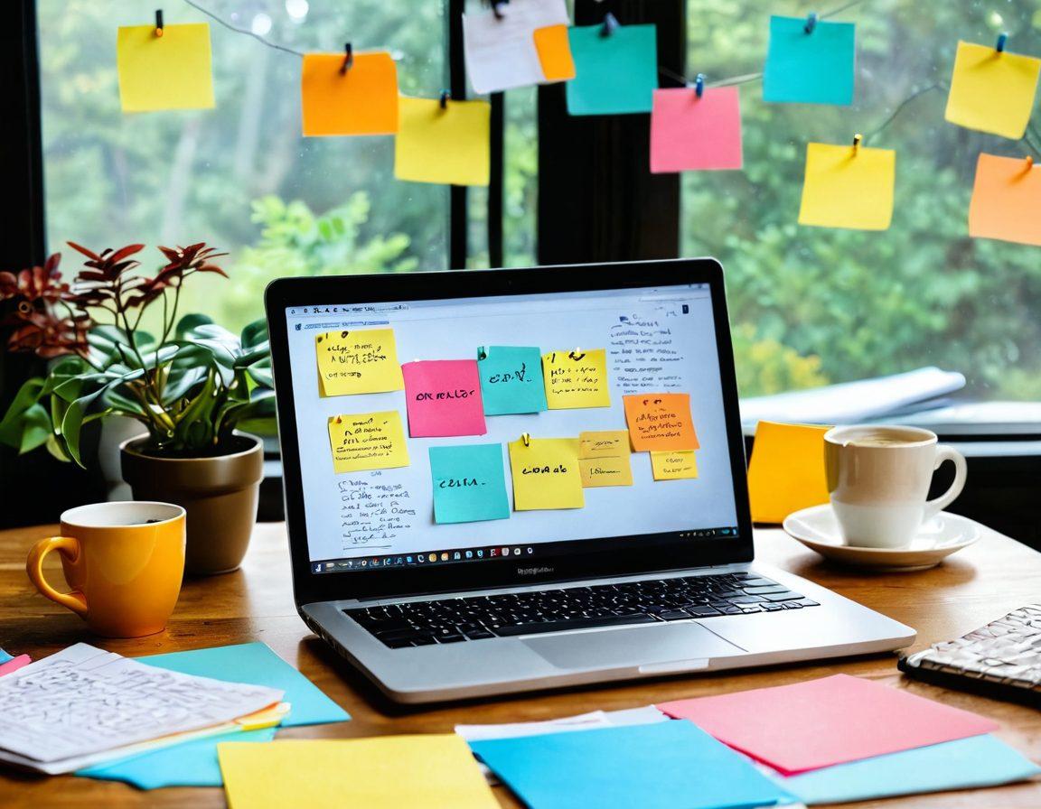 A creative workspace featuring a laptop open with a dynamic blog interface, surrounded by notebooks and colorful sticky notes. Illustrate a person engaged in content creation, with thought bubbles depicting ideas and keywords for SEO strategies. Include a cozy coffee cup on the table and elements of nature in the background to signify inspiration. soft focus. vibrant colors. modern illustration.